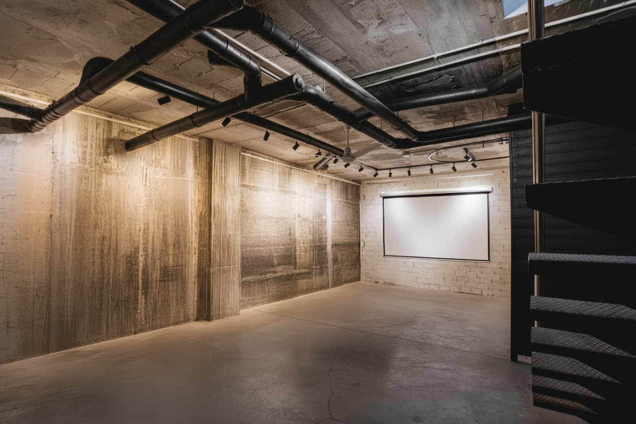 Sala diáfana con pantalla de proyección en The Basement Studio Gallery, Málaga