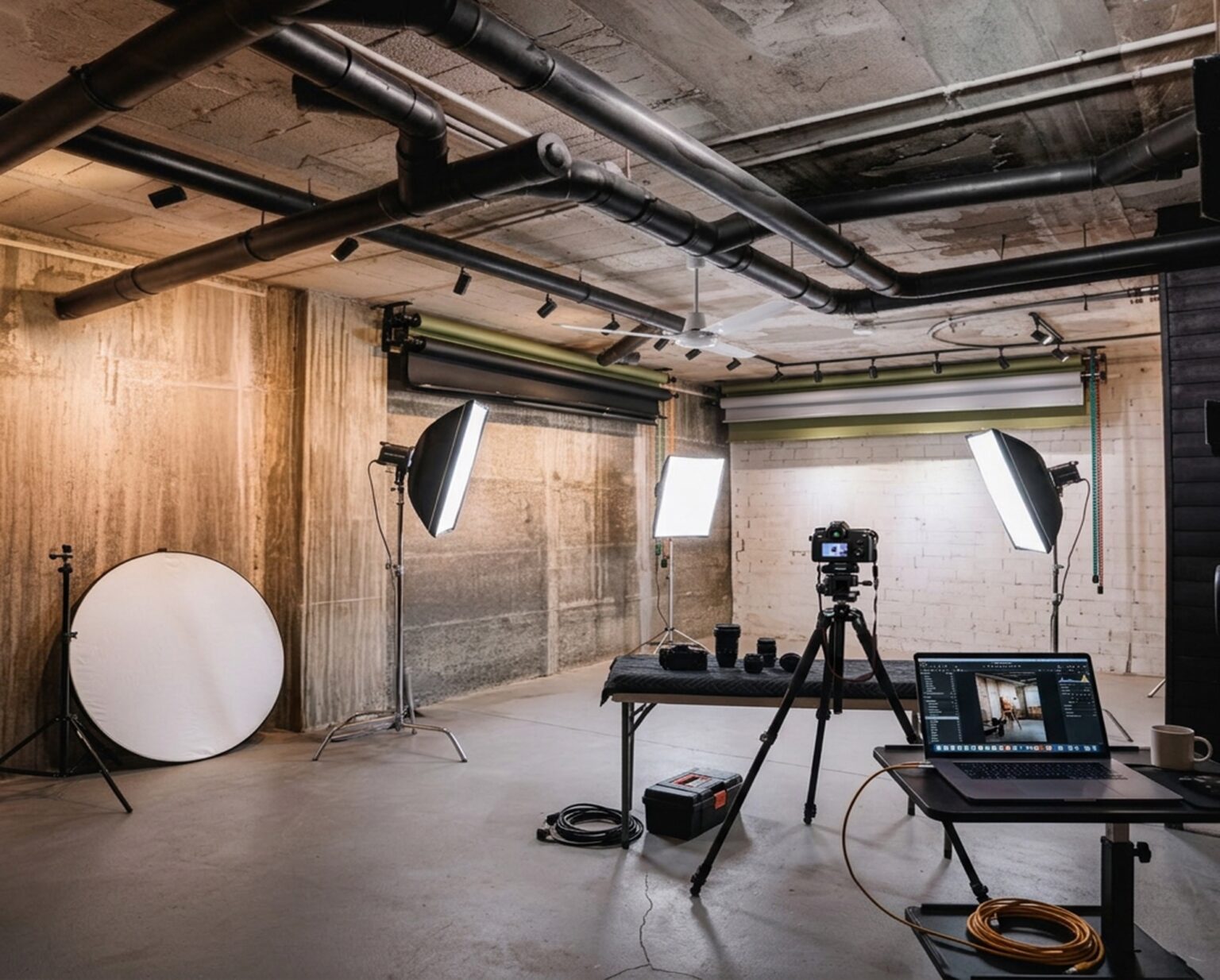 Estudio de fotografía preparado para una sesión de retrato en The Basement Studio Gallery, Málaga